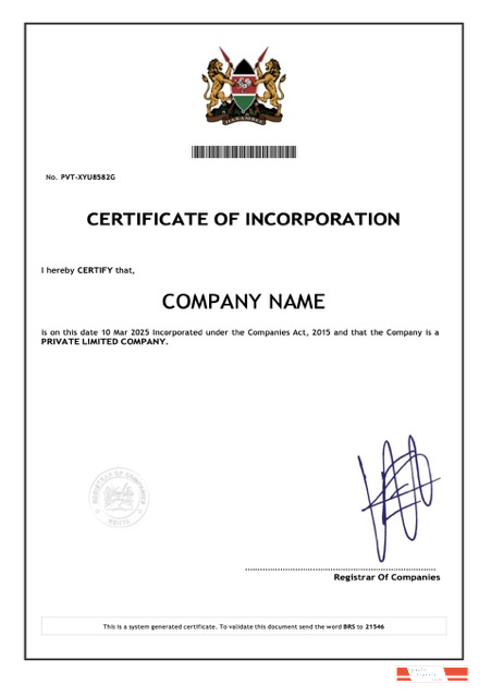Kenya certificate of incorporation Word and PDF template